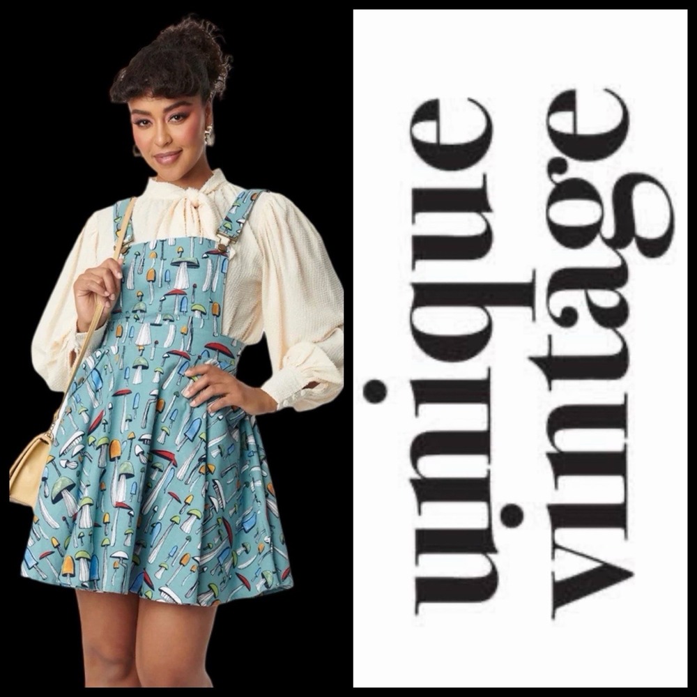 Unique Vintage Mushroom Print Brionne Pinafore Dress S • Fairycore Whimsical EUC